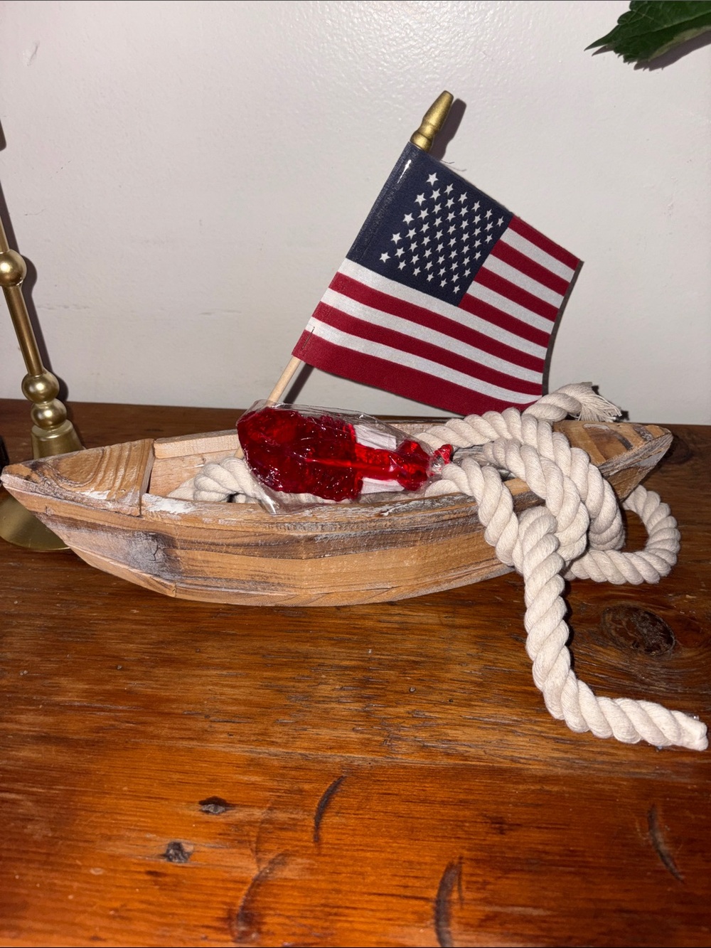 Nautical Wooden Boat Decor with American Flag and Rope